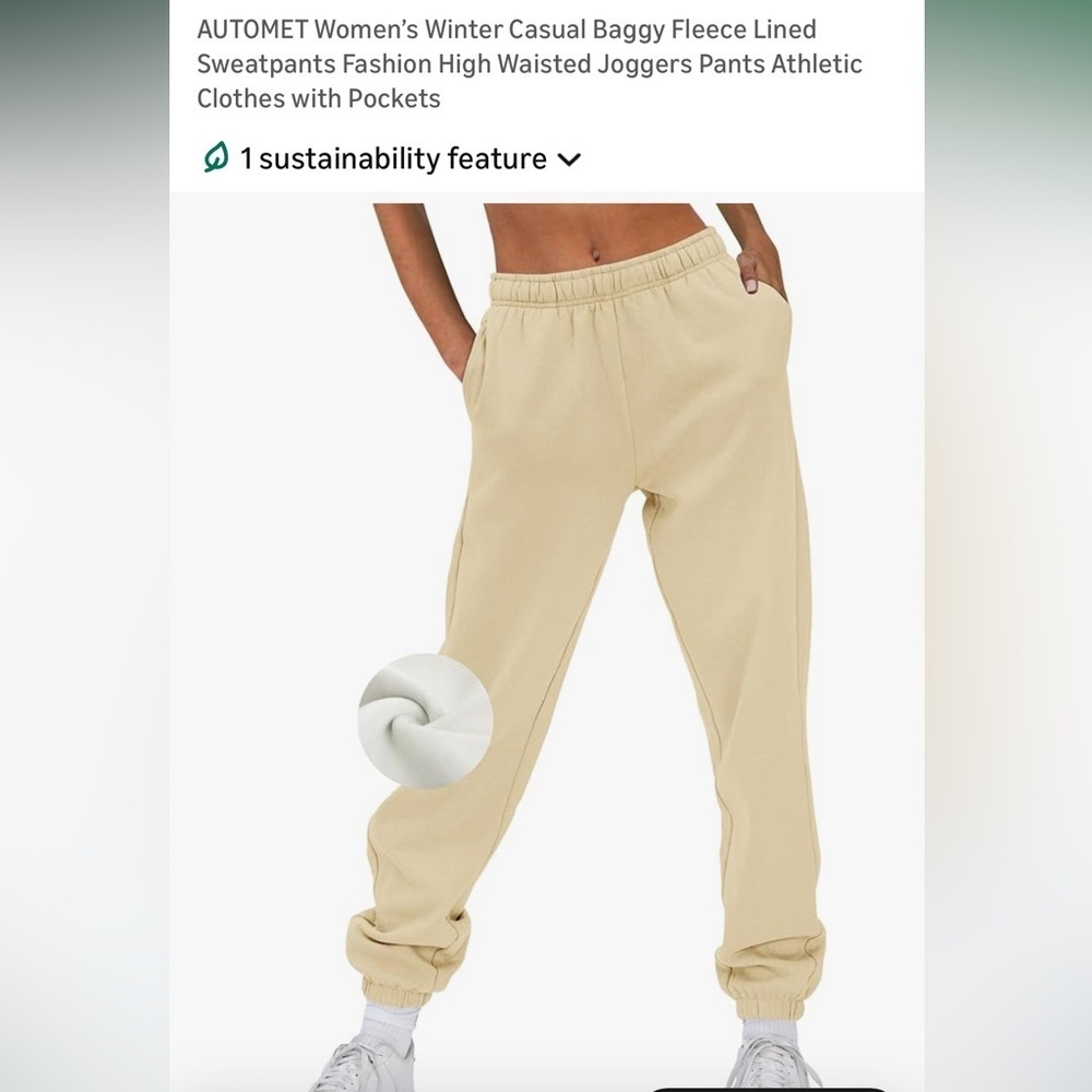 AUTOMET Cozy Fleece Lined Joggers Size M Cream High Rise Sweatpants - Picture 2 of 6